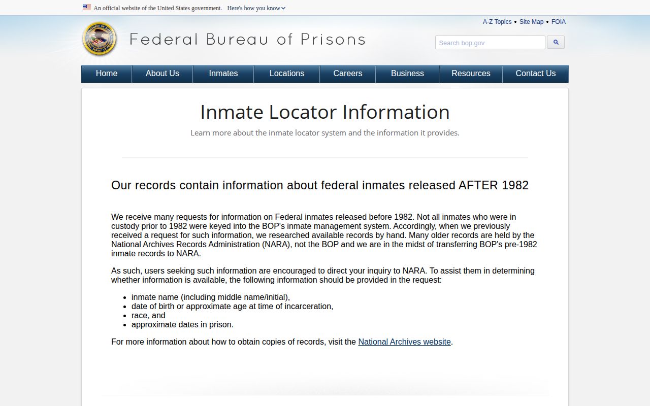 BOP federal released inmate record interpretation for Northumberland County