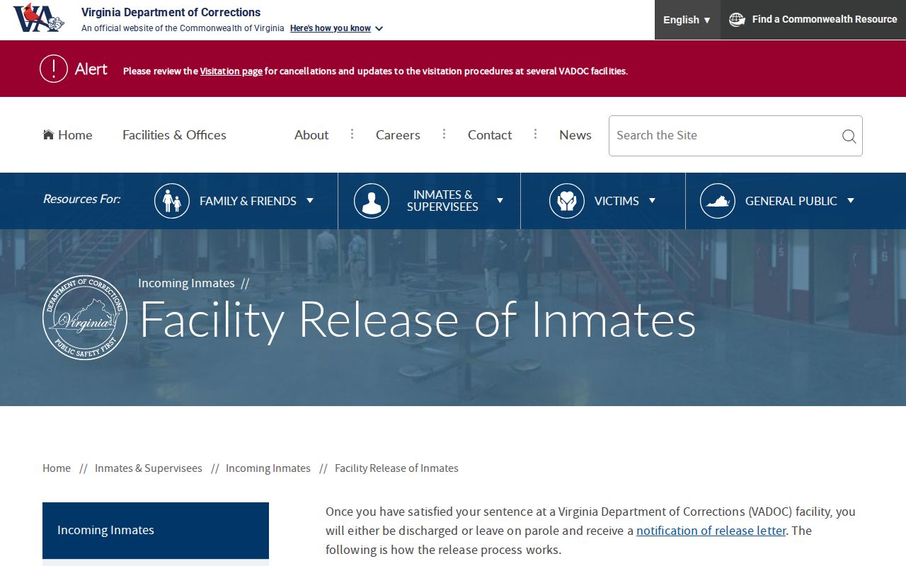 VADOC actual release documents for a Northumberland County inmate