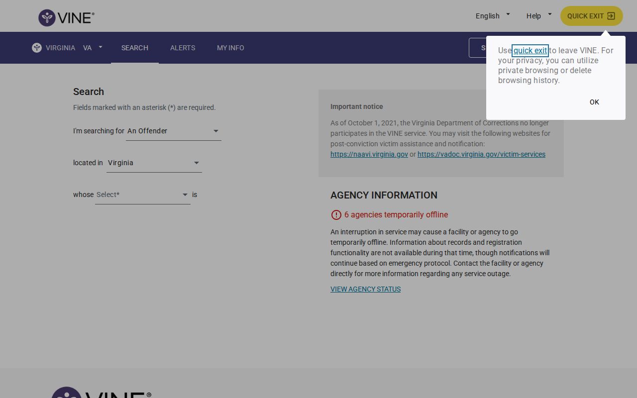 Northumberland County VINE inmate check and release alert interface